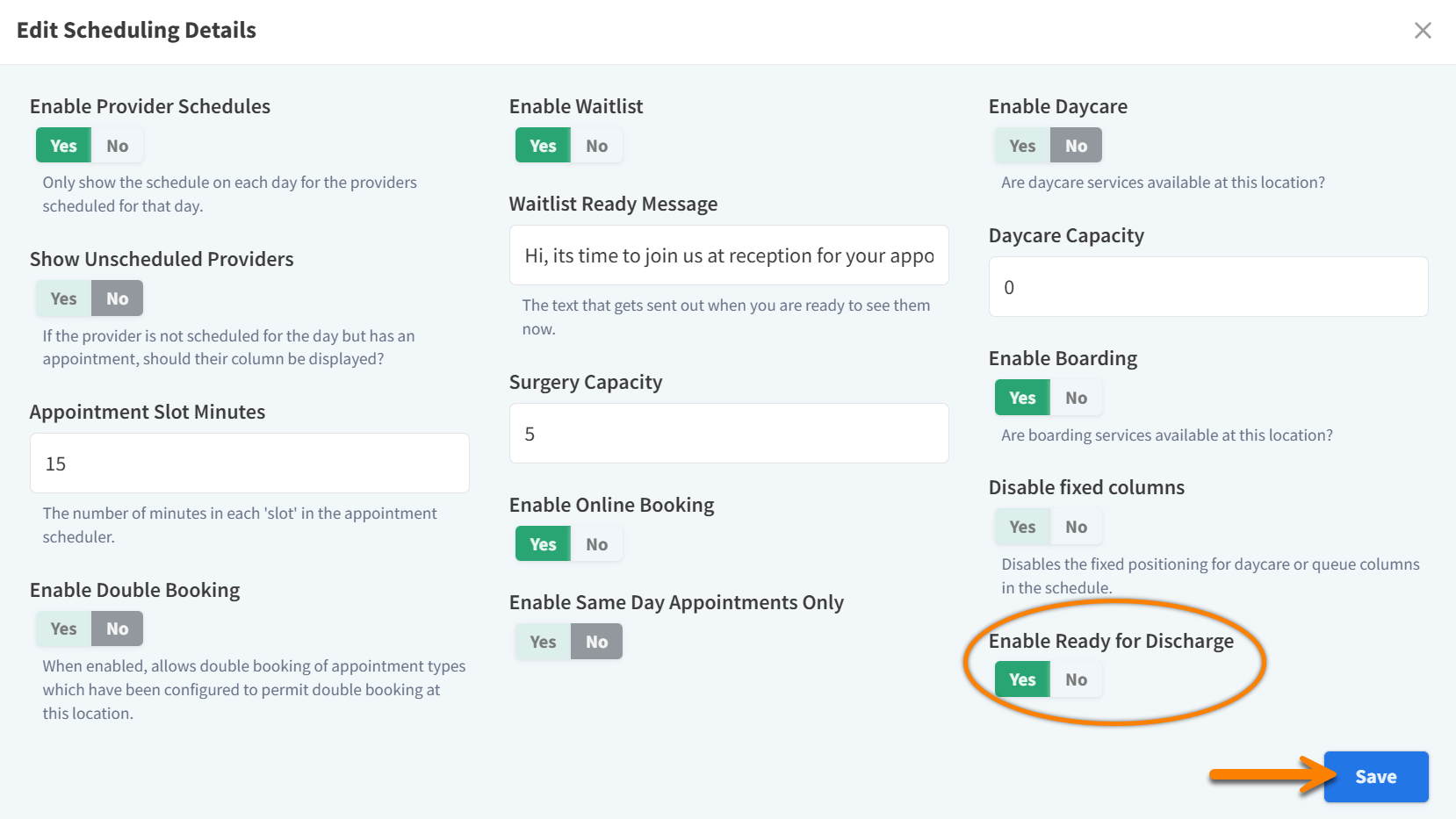 ready for discharge location sched settings.png