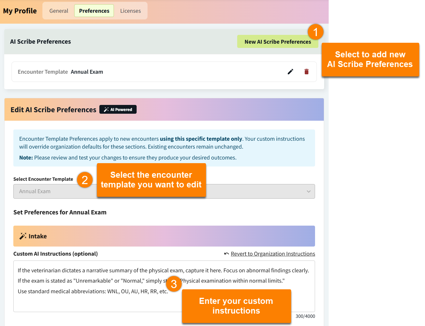 annotated ai scribe preferences steps my profile.png